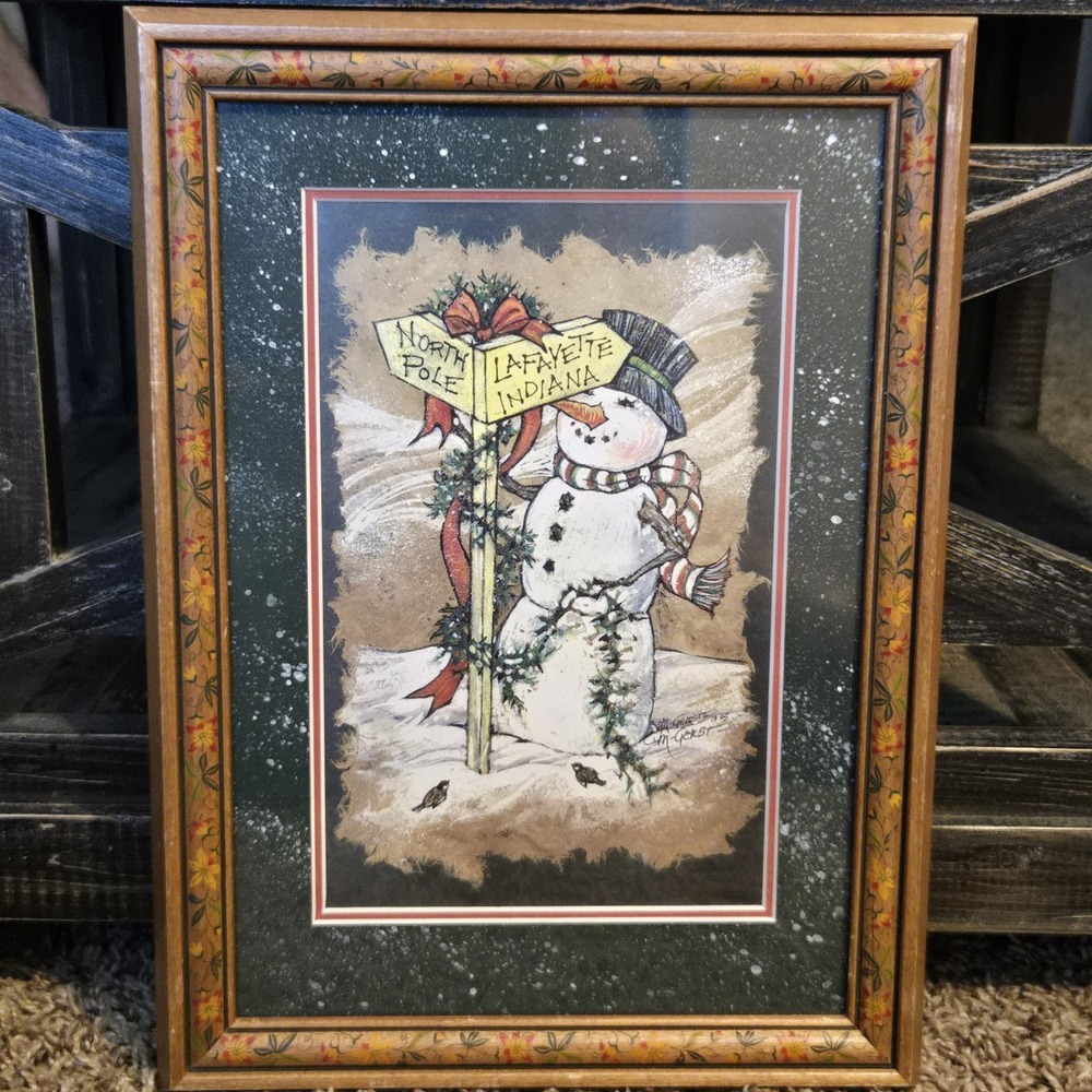 Marilyn‎ B Gerst Snowman Signpost Framed Christmas Print Hand Painted Indiana